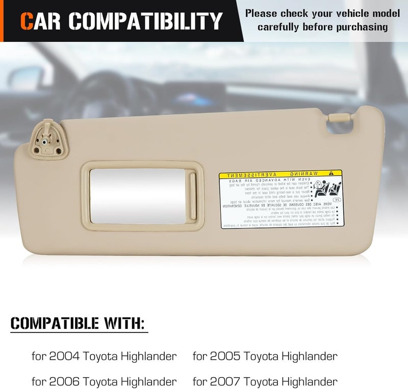 AEagle حاجب الشمس الأيسر والأيمن لسيارة تويوتا هايلاندر 2004-2007، حاجب الشمس بلون البيج للجانب السائق والراكب استبدال 74320-48260-A0 - Image 3